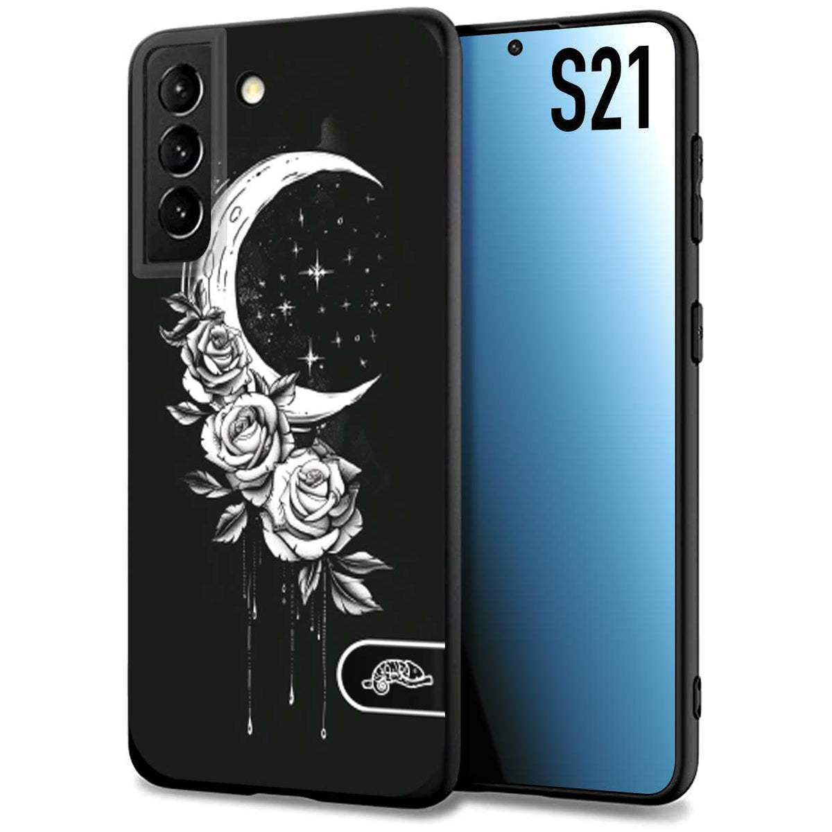 CUSTOMIZZA - Custodia cover nera morbida in tpu compatibile per Samsung S21 luna e fiori moon flowers black and white bianco a rilievo disegnato
