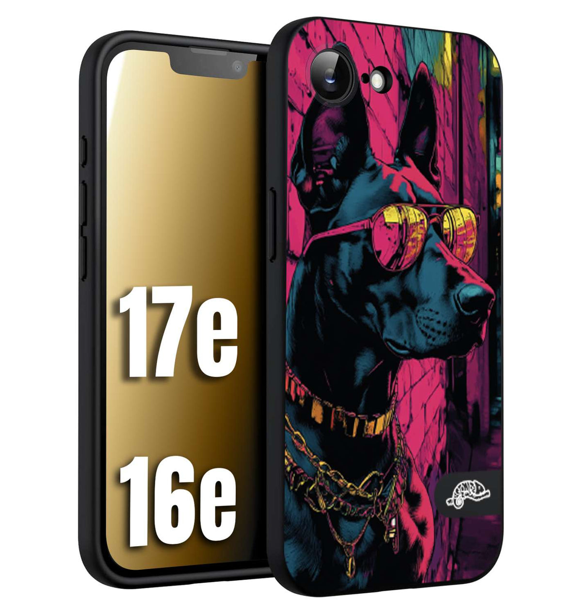 CUSTOMIZZA - Custodia cover nera morbida in tpu compatibile per iPhone 16E - 17E animali cyberpunk dobermann cane street dog fucsia blu