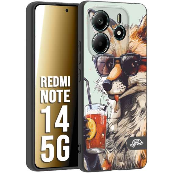 CUSTOMIZZA - Custodia cover nera morbida in tpu compatibile per Xiaomi Redmi Note 14 5G estate disegnata cocktails animali simpatici fox volpe negroni