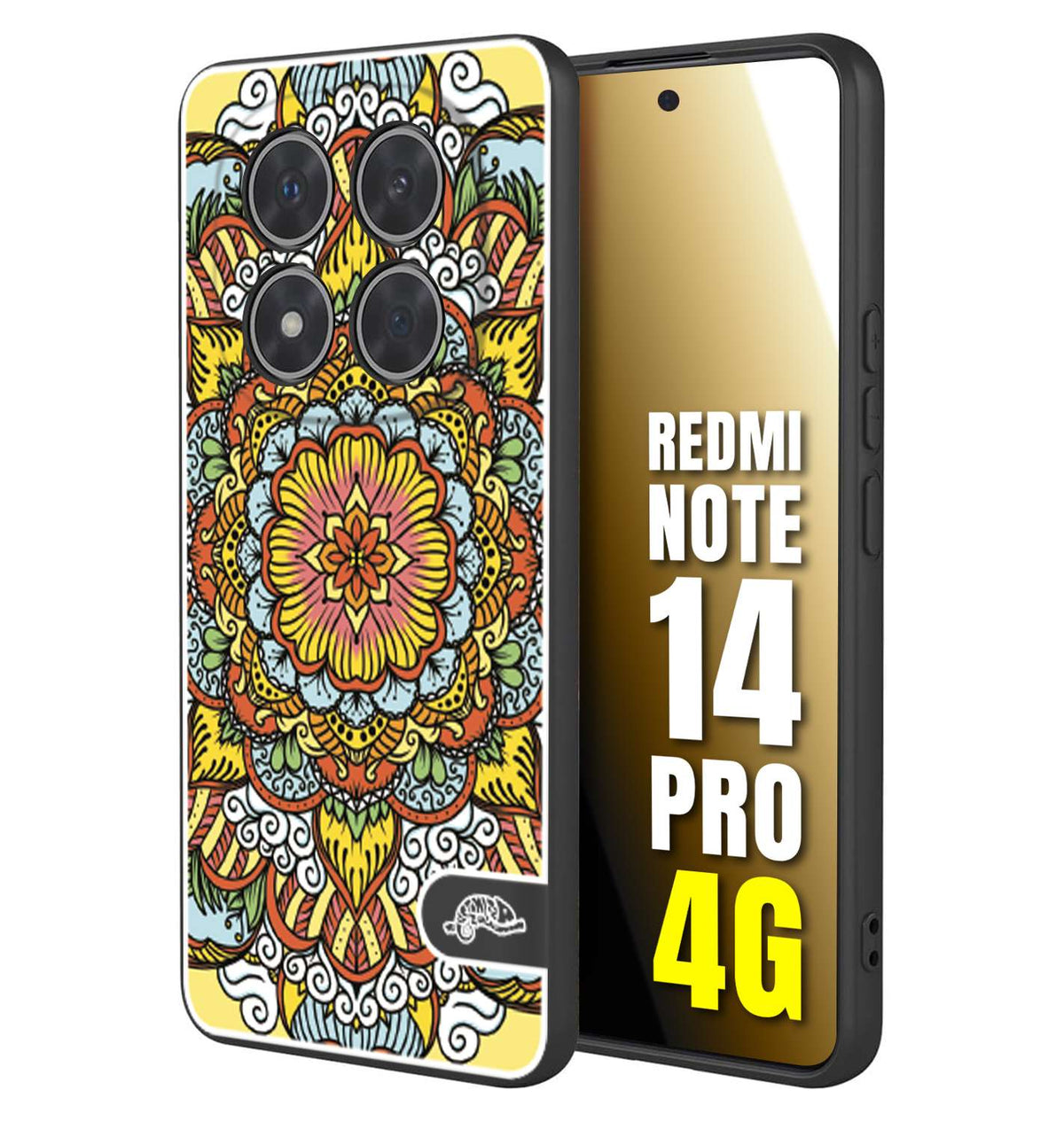 CUSTOMIZZA - Custodia cover nera morbida in tpu compatibile per Xiaomi Redmi Note 14 PRO 4G mandala colorato fiore nuvole arancione
