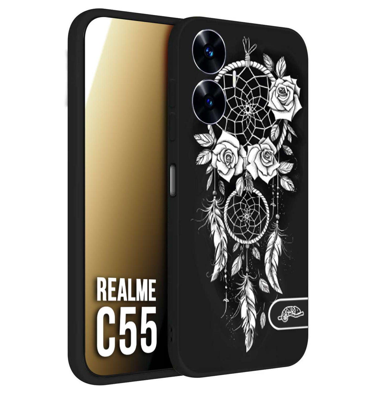 CUSTOMIZZA - Custodia cover nera morbida in tpu compatibile per Realme C55 acchiappasogni dreamcatcher black and white bianco a rilievo disegnato tattoo tatuaggio