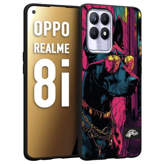 CUSTOMIZZA - Custodia cover nera morbida in tpu compatibile per Realme 8i animali cyberpunk dobermann cane street dog fucsia blu