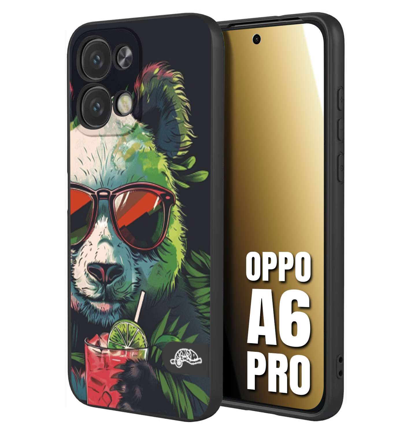 CUSTOMIZZA - Custodia cover nera morbida in tpu compatibile per Oppo A6 PRO estate disegnata cocktails animali simpatici panda mojito
