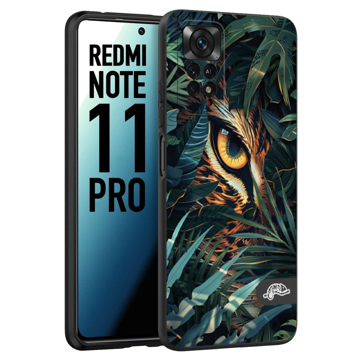 CUSTOMIZZA - Custodia cover nera morbida in tpu compatibile per Xiaomi Redmi Note 11 PRO animali color giungla tropicale occhio di giaguaro felino disegnato