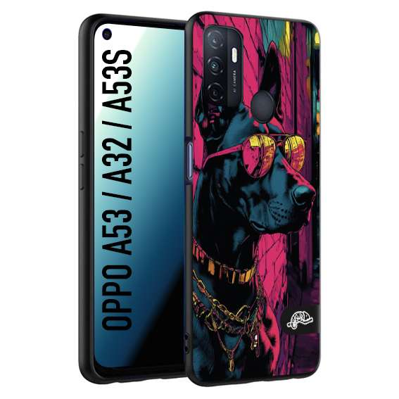 CUSTOMIZZA - Custodia cover nera morbida in tpu compatibile per Oppo A53 - A32 - A53S animali cyberpunk dobermann cane street dog fucsia blu