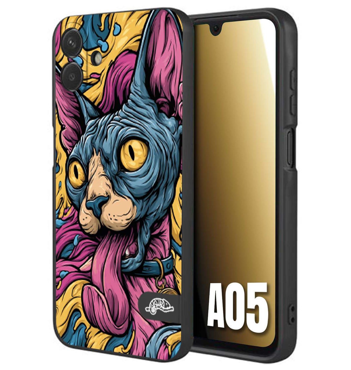 CUSTOMIZZA - Custodia cover nera morbida in tpu compatibile per Samsung A05 Sphynx Colorato Pop Art Psichedelico Gatto Blu Rosa Giallo Artistica Fantasy