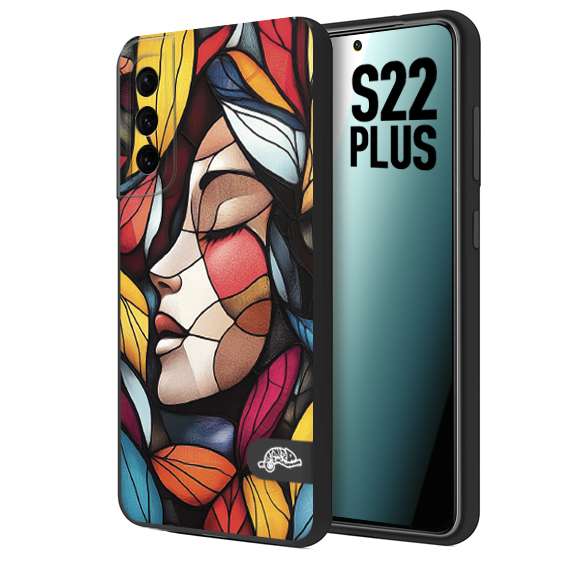CUSTOMIZZA - Custodia cover nera morbida in tpu compatibile per Samsung S22 PLUS Vetrata artistica volto di donna profilo fogliare mosaico di vetro colorato