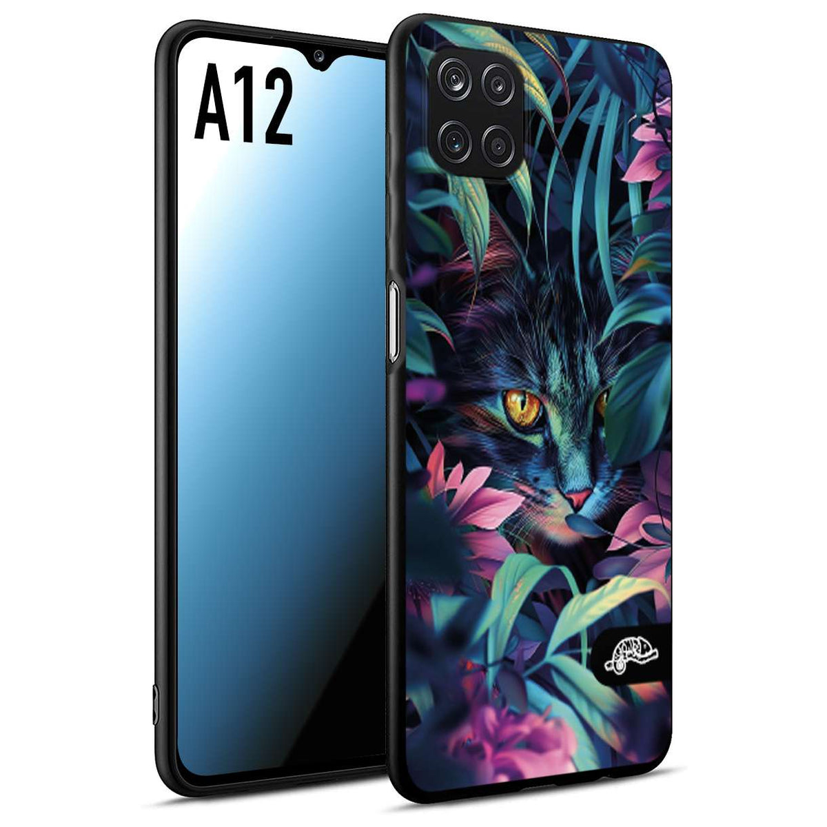 CUSTOMIZZA - Custodia cover nera morbida in tpu compatibile per Samsung A12 animali color giungla tropicale occhio di gatto colori vibranti disegnato