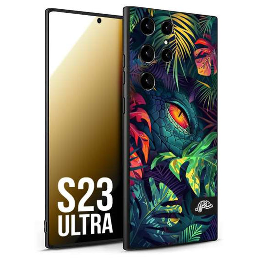 CUSTOMIZZA - Custodia cover nera morbida in tpu compatibile per Samsung S23 ULTRA animali color giungla tropicale occhio di coccodrillo alligatore disegnato