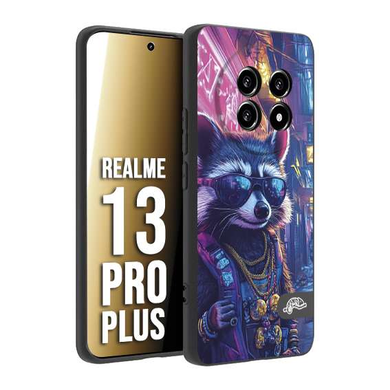 CUSTOMIZZA - Custodia cover nera morbida in tpu compatibile per Realme 13 PRO PLUS animali simpatici cyberpunk procione racoon street cat fucsia blu giallo