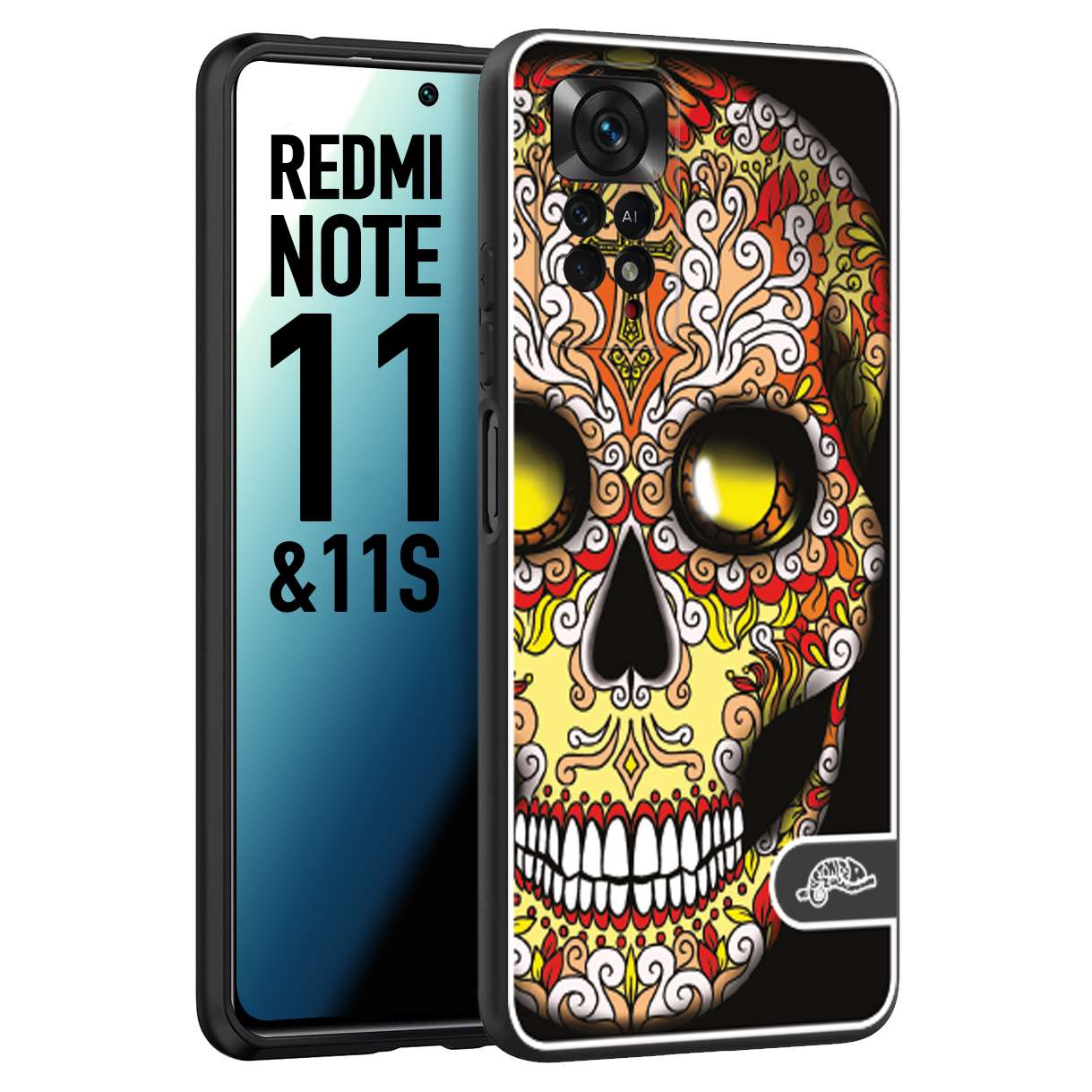 CUSTOMIZZA - Custodia cover nera morbida in tpu compatibile per Xiaomi Redmi Note 11 - Note 11S teschio messicano Mexican skull giallo rosso arancio