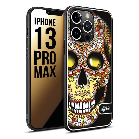 CUSTOMIZZA - Custodia cover nera morbida in tpu compatibile per iPhone 13 PRO MAX teschio messicano Mexican skull giallo rosso arancio