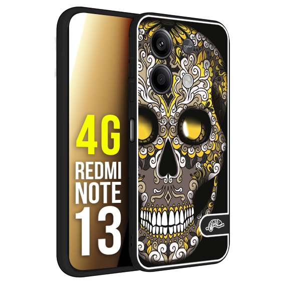 CUSTOMIZZA - Custodia cover nera morbida in tpu compatibile per Xiaomi Redmi Note 13 4G teschio messicano Mexican skull nero giallo