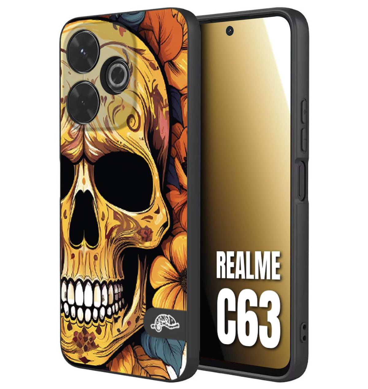 CUSTOMIZZA - Custodia cover nera morbida in tpu compatibile per Realme C63 teschio messicano colorato dorato fiori autunnali disegnato