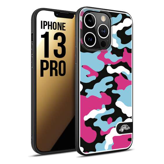 CUSTOMIZZA - Custodia cover nera morbida in tpu compatibile per iPhone 13 PRO camouflage mimetico militare fucsia celeste