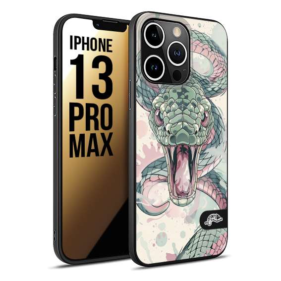 CUSTOMIZZA - Custodia cover nera morbida in tpu compatibile per iPhone 13 PRO MAX snake pink green serpente tatuaggio tattoo disegnato a mano