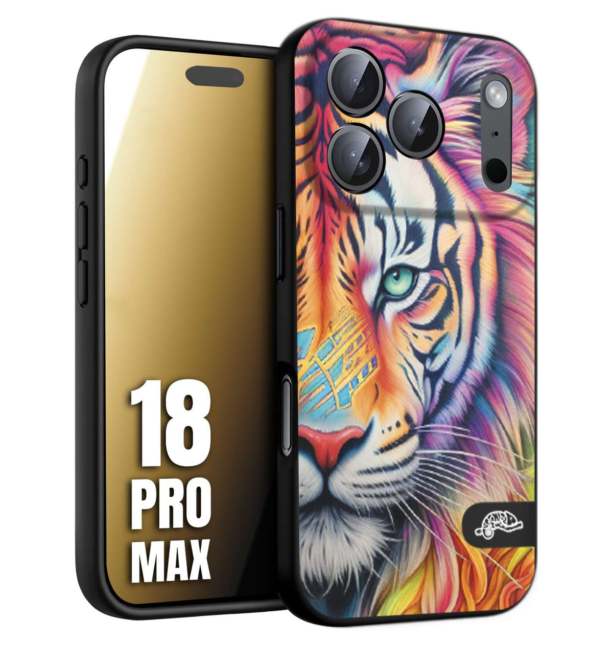 CUSTOMIZZA - Custodia cover nera morbida in tpu compatibile per iPhone 18 PRO MAX animali color tigre tiger viso colori vibranti disegnato schizzo
