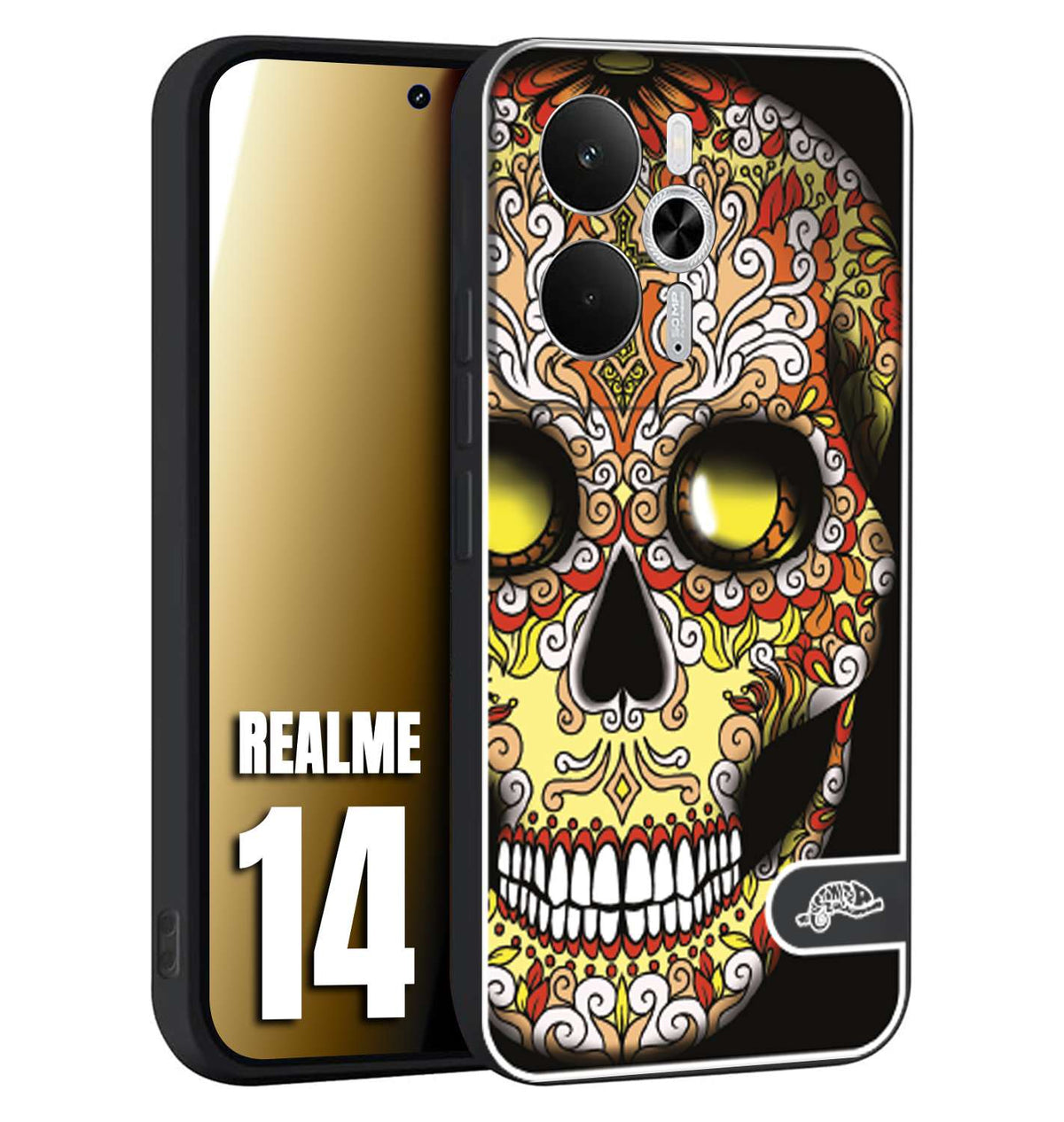 CUSTOMIZZA - Custodia cover nera morbida in tpu compatibile per Realme 14 5G teschio messicano Mexican skull giallo rosso arancio