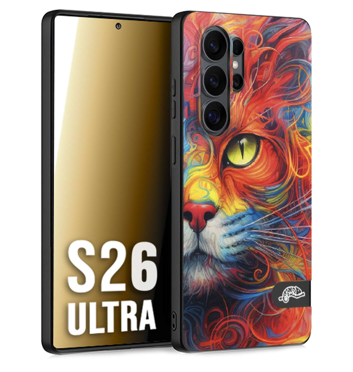 CUSTOMIZZA - Custodia cover nera morbida in tpu compatibile per Samsung S26 ULTRA animali color cat gatto viso colori vibranti disegnato schizzo