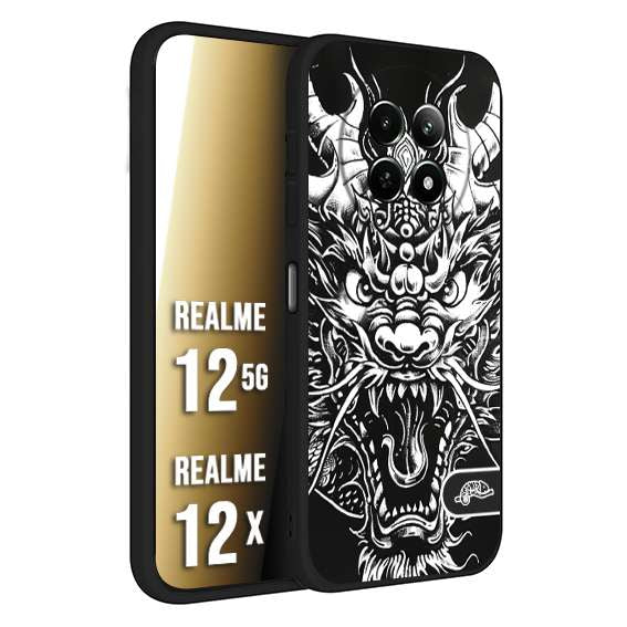 CUSTOMIZZA - Custodia cover nera morbida in tpu compatibile per Realme 12 5G - 12X drago black and white bianco a rilievo disegnato tattoo tatuaggio