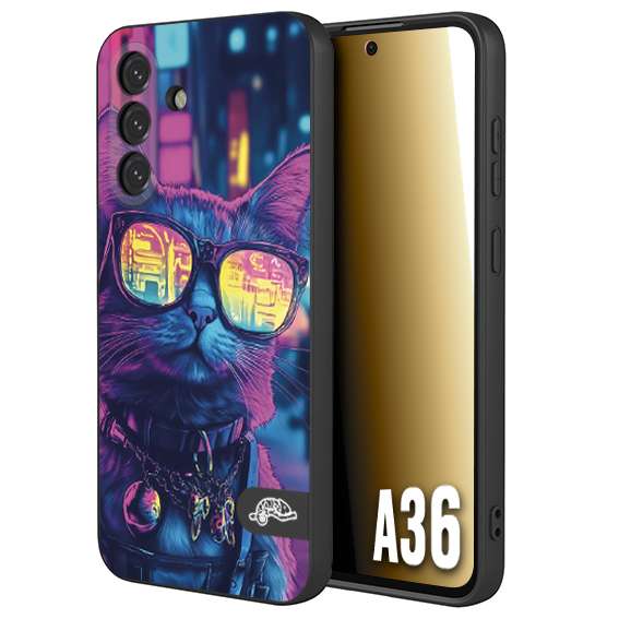 CUSTOMIZZA - Custodia cover nera morbida in tpu compatibile per Samsung A36 animali cyberpunk gatto street cat fucsia blu giallo