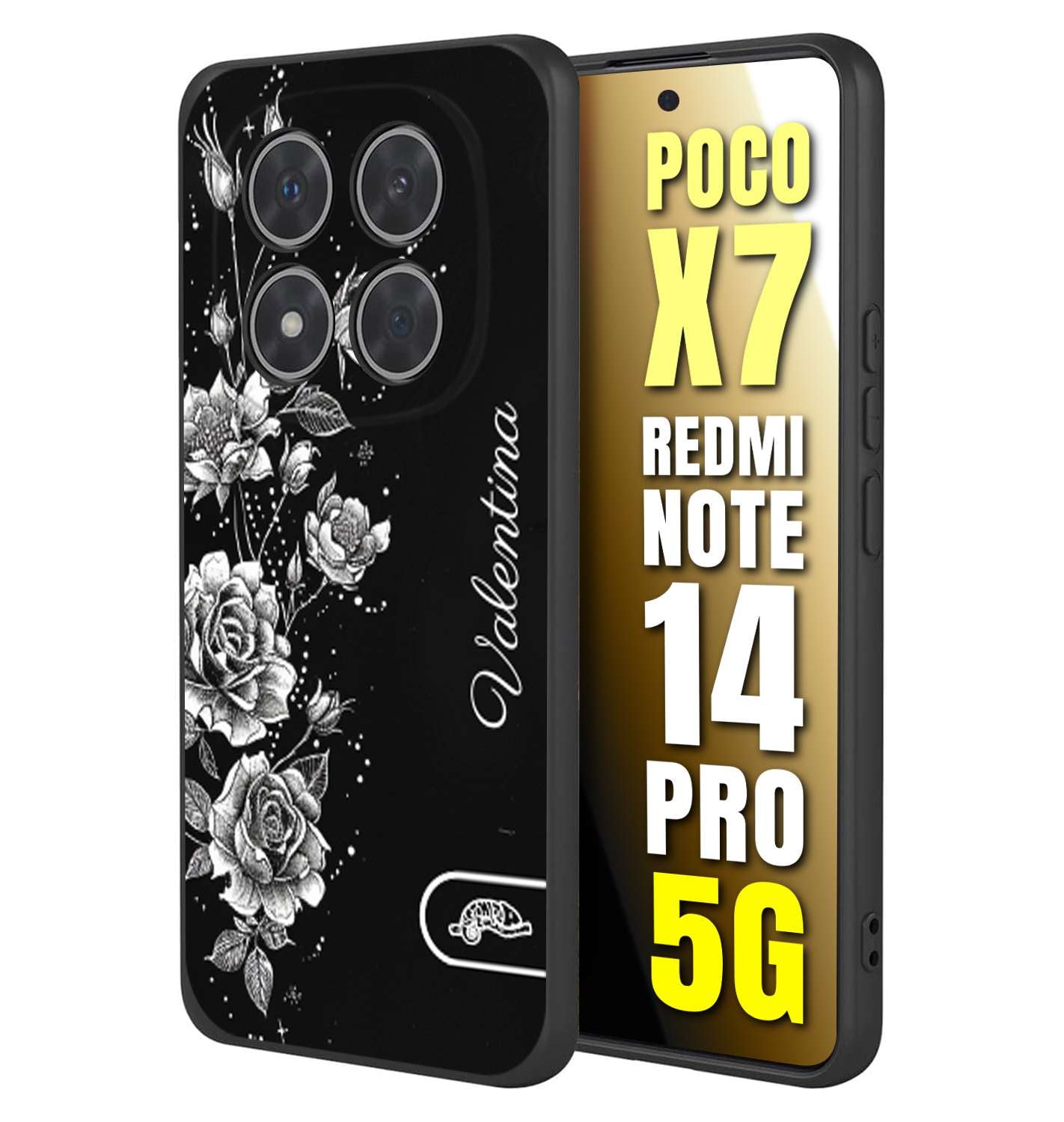 CUSTOMIZZA - Custodia cover nera morbida in tpu compatibile per Xiaomi Redmi Note 14 PRO 5G personalizzata rilievo soft touch nome rose fiori donna