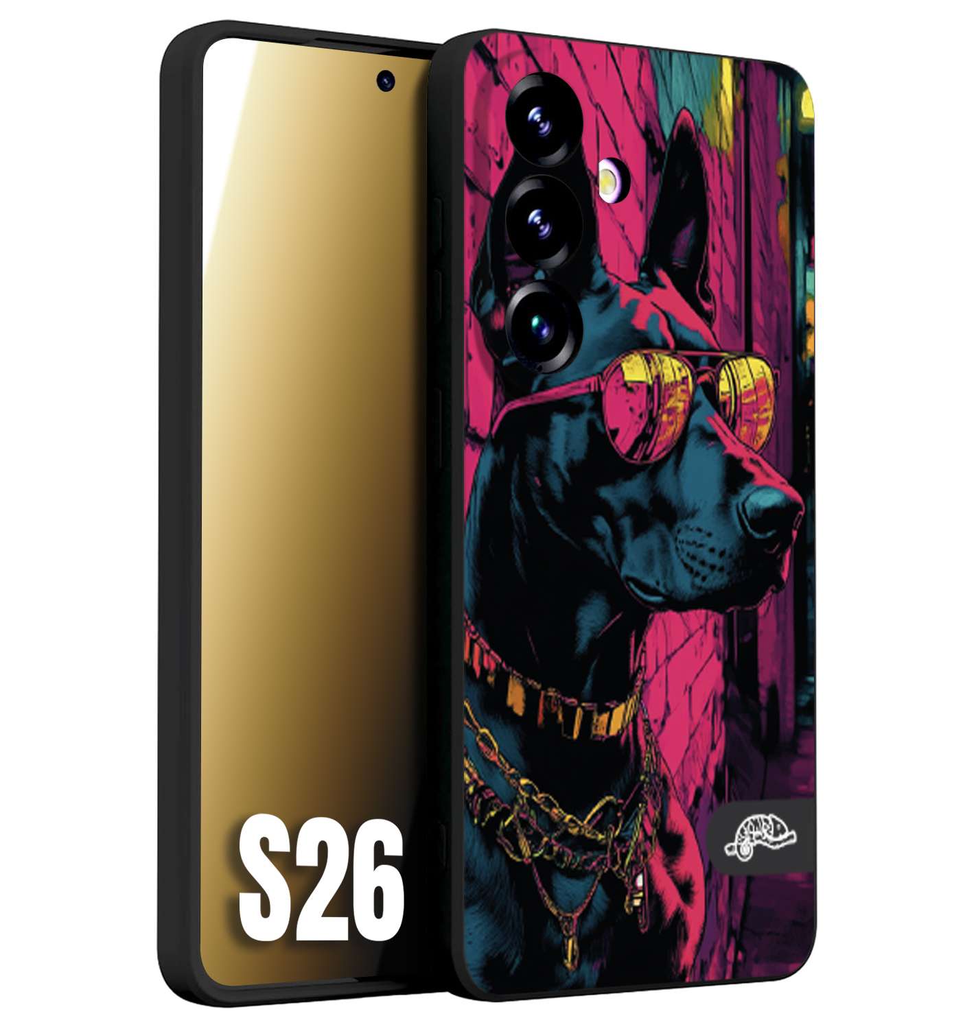 CUSTOMIZZA - Custodia cover nera morbida in tpu compatibile per Samsung S26 animali cyberpunk dobermann cane street dog fucsia blu