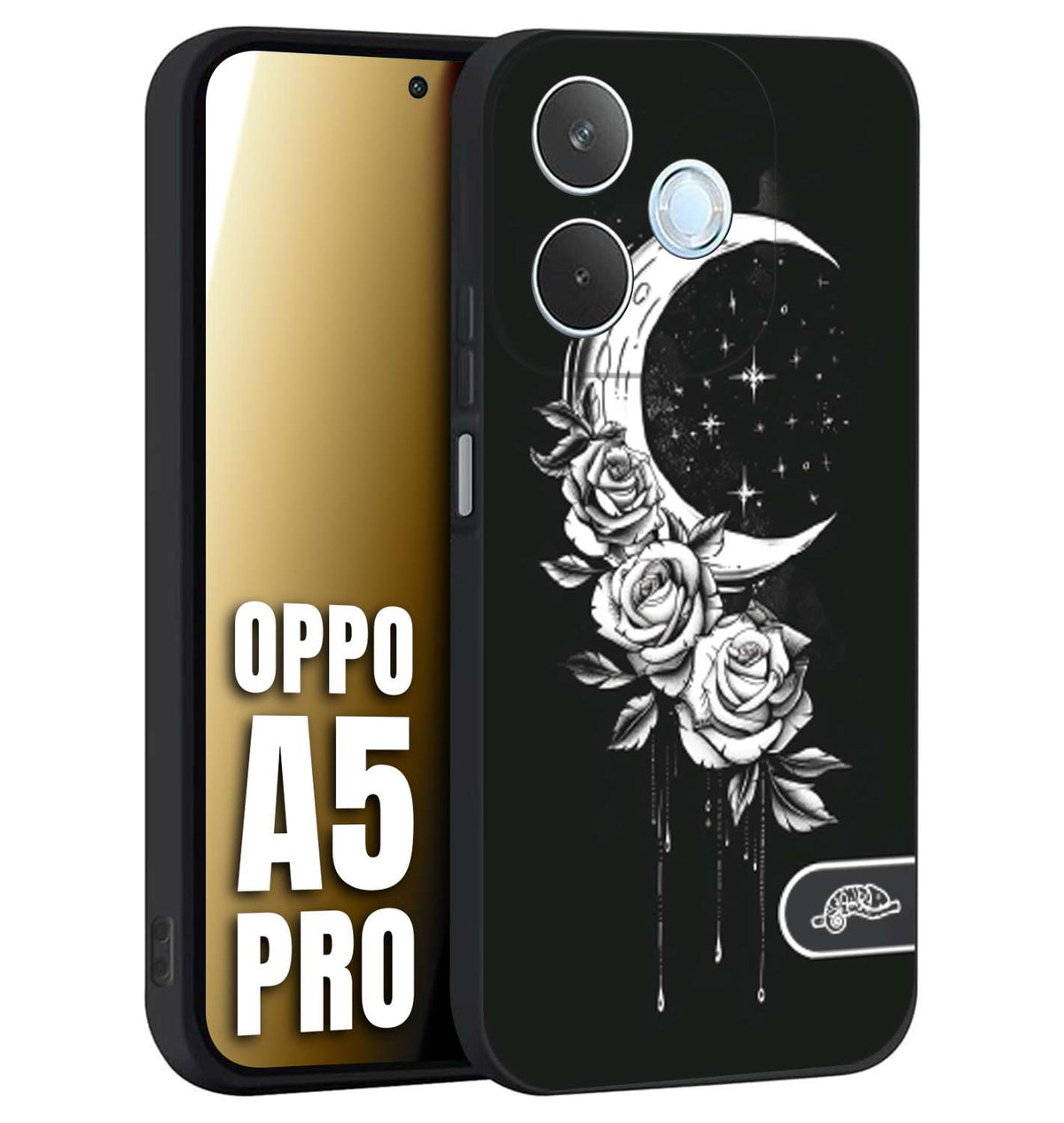 CUSTOMIZZA - Custodia cover nera morbida in tpu compatibile per Oppo A5 PRO luna e fiori moon flowers black and white bianco a rilievo disegnato