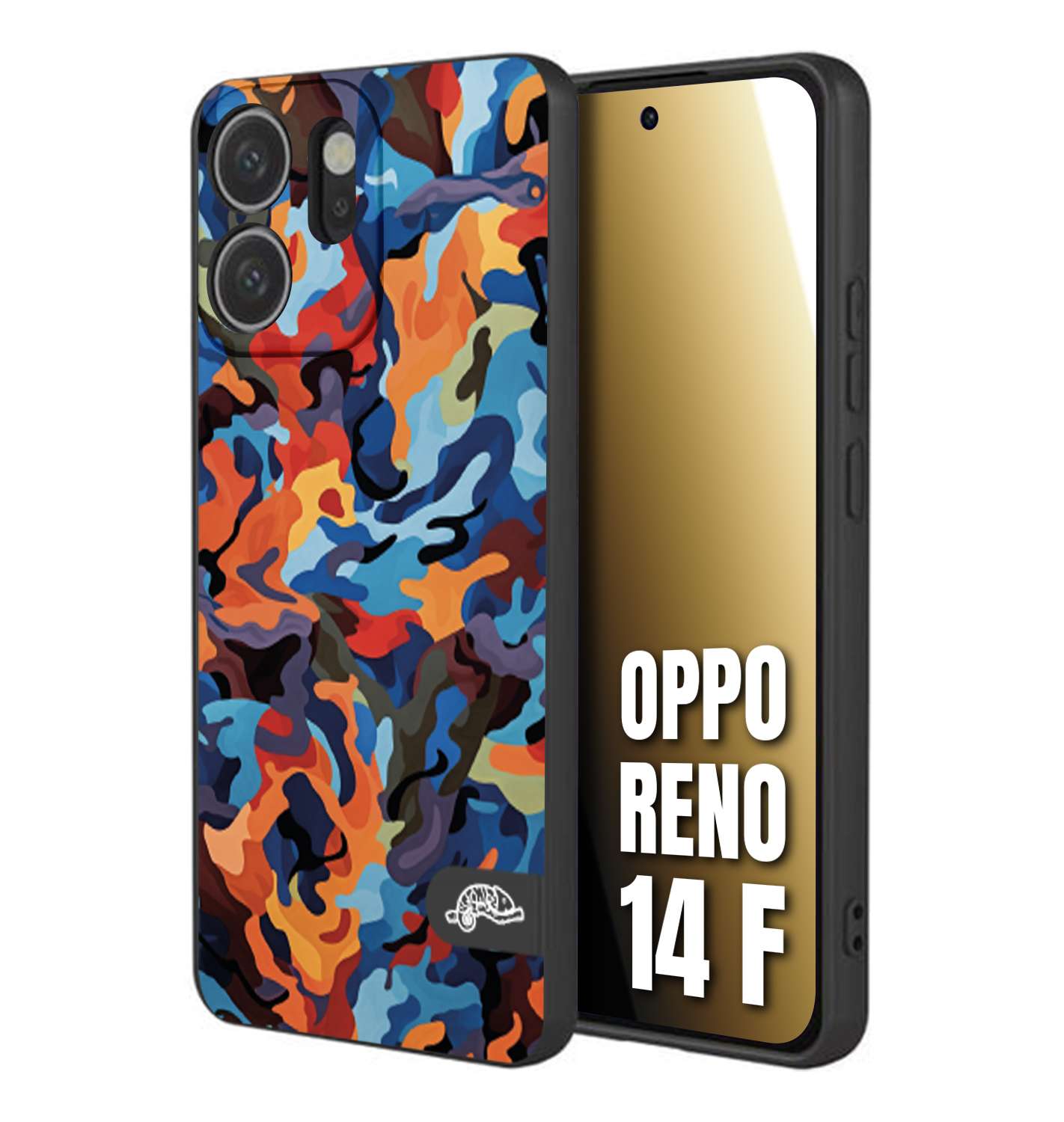 CUSTOMIZZA - Custodia cover nera morbida in tpu compatibile per Oppo Reno 14 F camouflage mimetico militare moderno blu arancio rosso