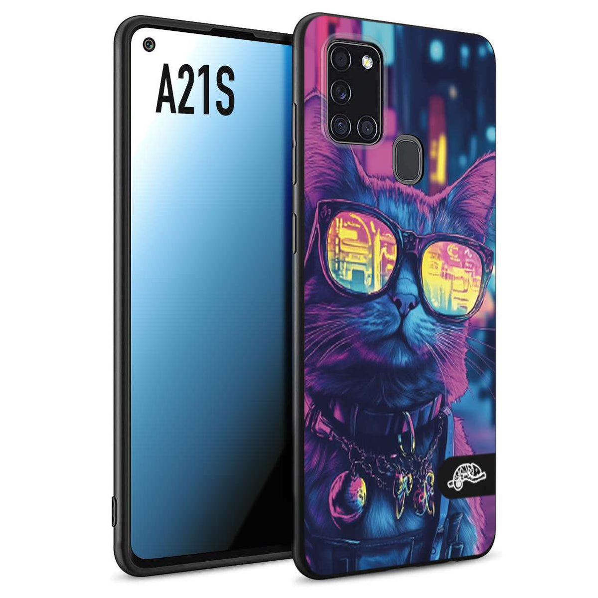 CUSTOMIZZA - Custodia cover nera morbida in tpu compatibile per Samsung A21S animali cyberpunk gatto street cat fucsia blu giallo