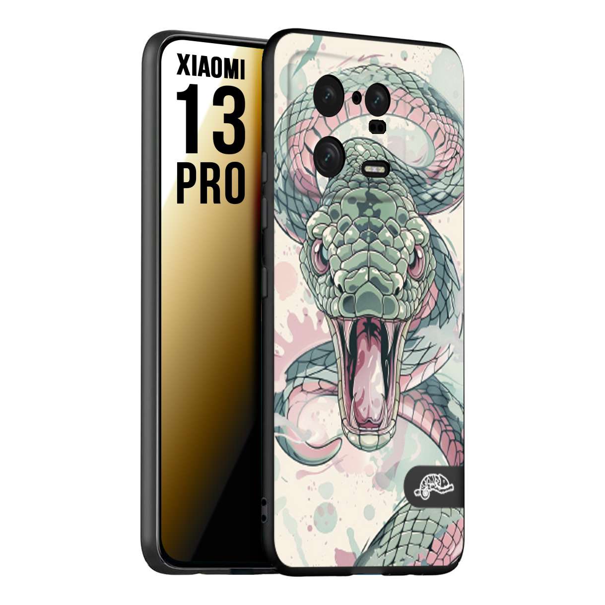 CUSTOMIZZA - Custodia cover nera morbida in tpu compatibile per Xiaomi 13 PRO snake pink green serpente tatuaggio tattoo disegnato a mano