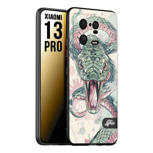 CUSTOMIZZA - Custodia cover nera morbida in tpu compatibile per Xiaomi 13 PRO snake pink green serpente tatuaggio tattoo disegnato a mano