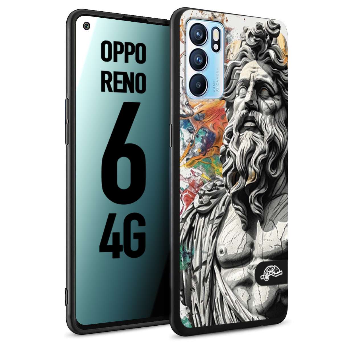 CUSTOMIZZA - Custodia cover nera morbida in tpu compatibile per Oppo Reno 6 4G statua colorata moderna antico tattoo splash color