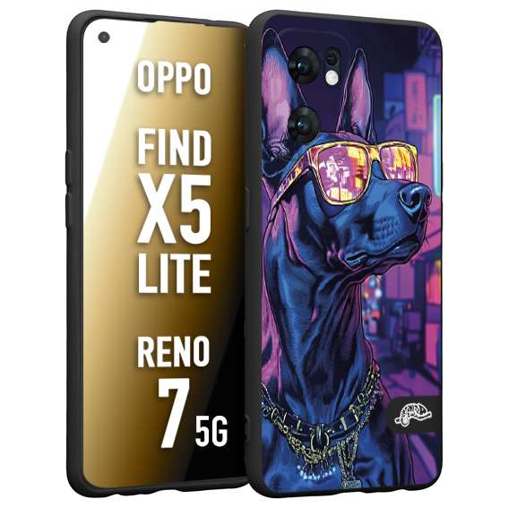 CUSTOMIZZA - Custodia cover nera morbida in tpu compatibile per Oppo Reno 7 - Find X5 LITE animali cyberpunk dobermann cane street dog fucsia blu night