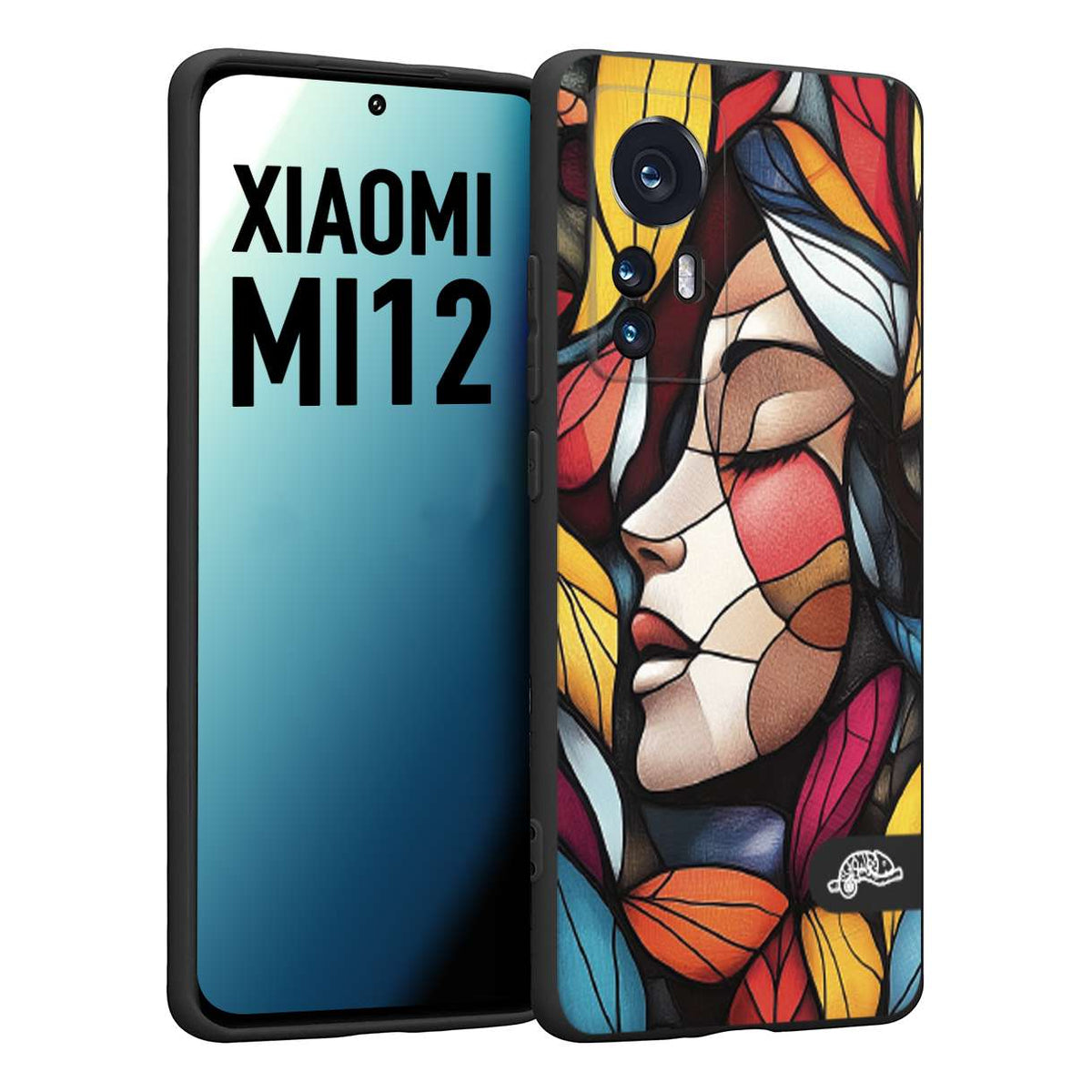 CUSTOMIZZA - Custodia cover nera morbida in tpu compatibile per Xiaomi 12 5G Vetrata artistica volto di donna profilo fogliare mosaico di vetro colorato