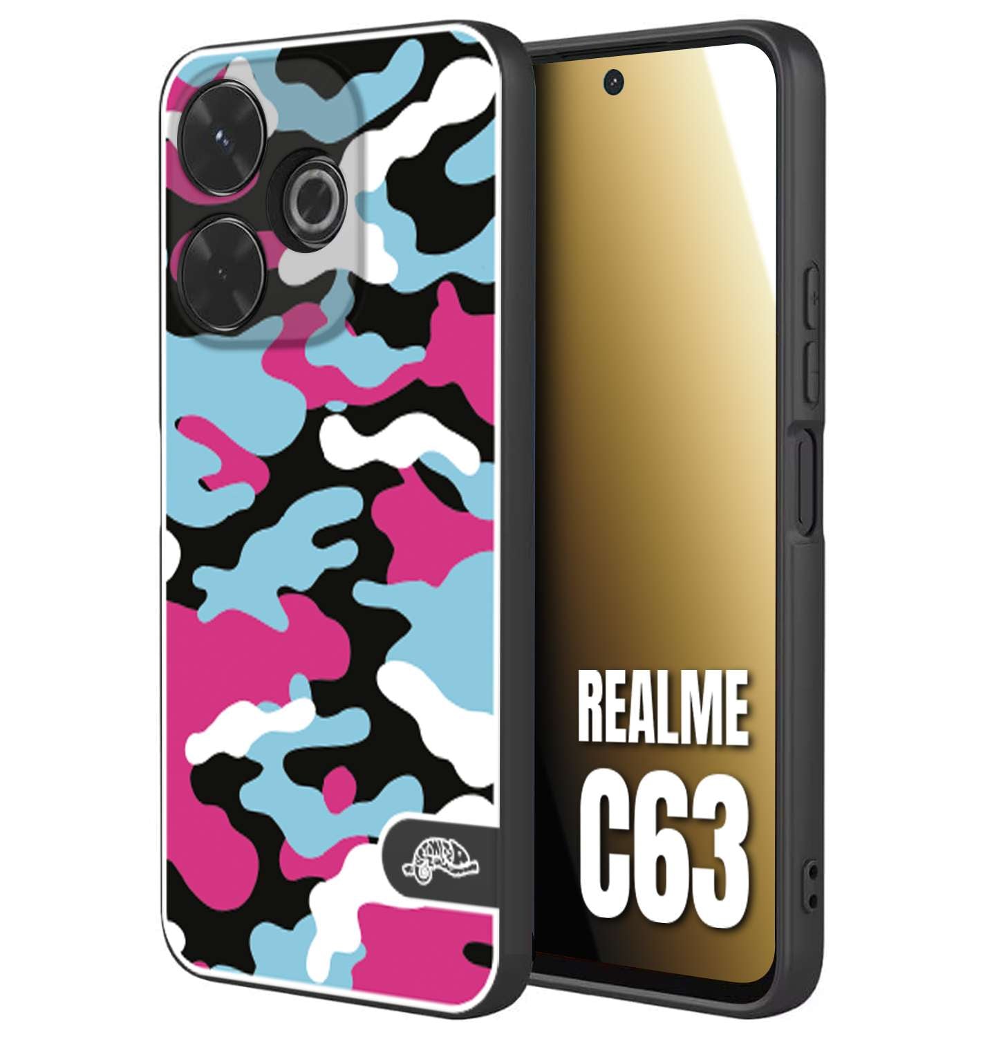 CUSTOMIZZA - Custodia cover nera morbida in tpu compatibile per Realme C63 camouflage mimetico militare fucsia celeste