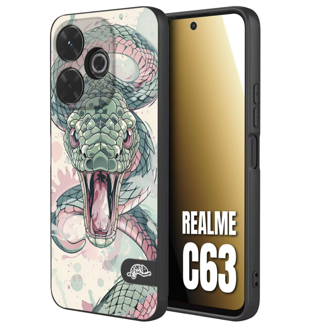 CUSTOMIZZA - Custodia cover nera morbida in tpu compatibile per Realme C63 snake pink green serpente tatuaggio tattoo disegnato a mano