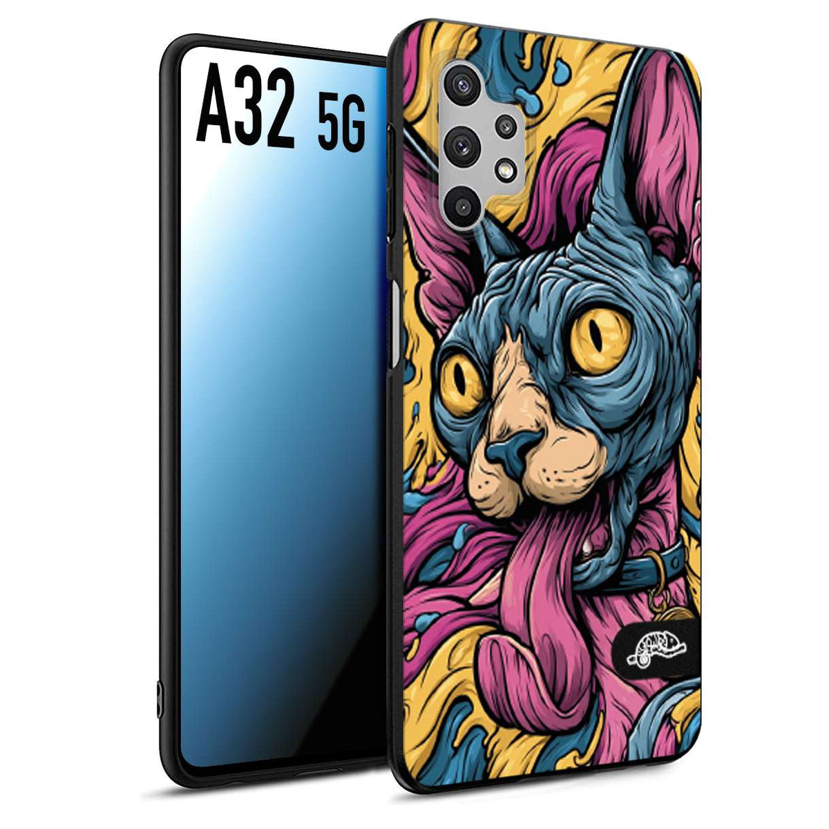 CUSTOMIZZA - Custodia cover nera morbida in tpu compatibile per Samsung A32 5G Sphynx Colorato Pop Art Psichedelico Gatto Blu Rosa Giallo Artistica Fantasy