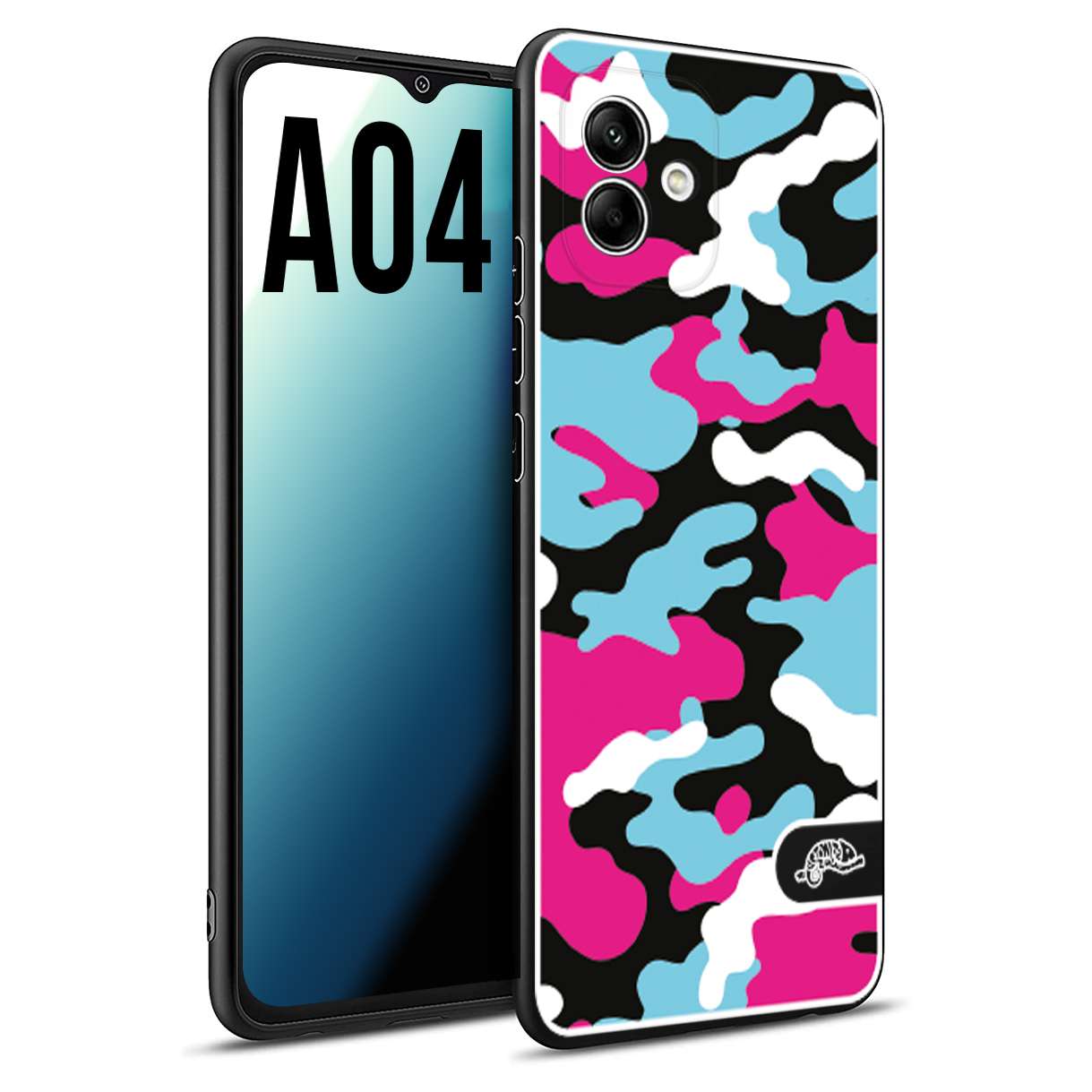 CUSTOMIZZA - Custodia cover nera morbida in tpu compatibile per Samsung A04 camouflage mimetico militare fucsia celeste