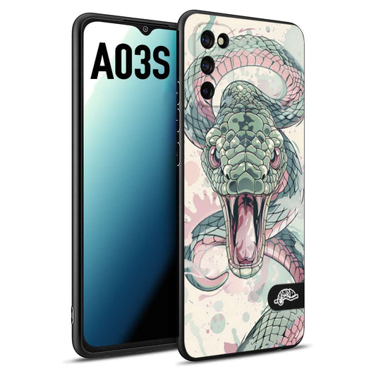 CUSTOMIZZA - Custodia cover nera morbida in tpu compatibile per Samsung A03S snake pink green serpente tatuaggio tattoo disegnato a mano