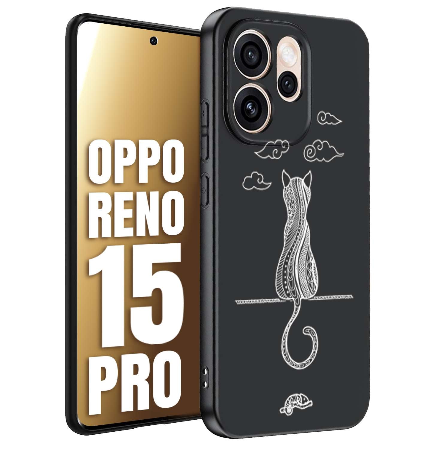 CUSTOMIZZA - Custodia cover nera morbida in tpu compatibile per Oppo Reno 15 PRO gatto mandala stilizzato gattino a rilievo soft touch donna bianca