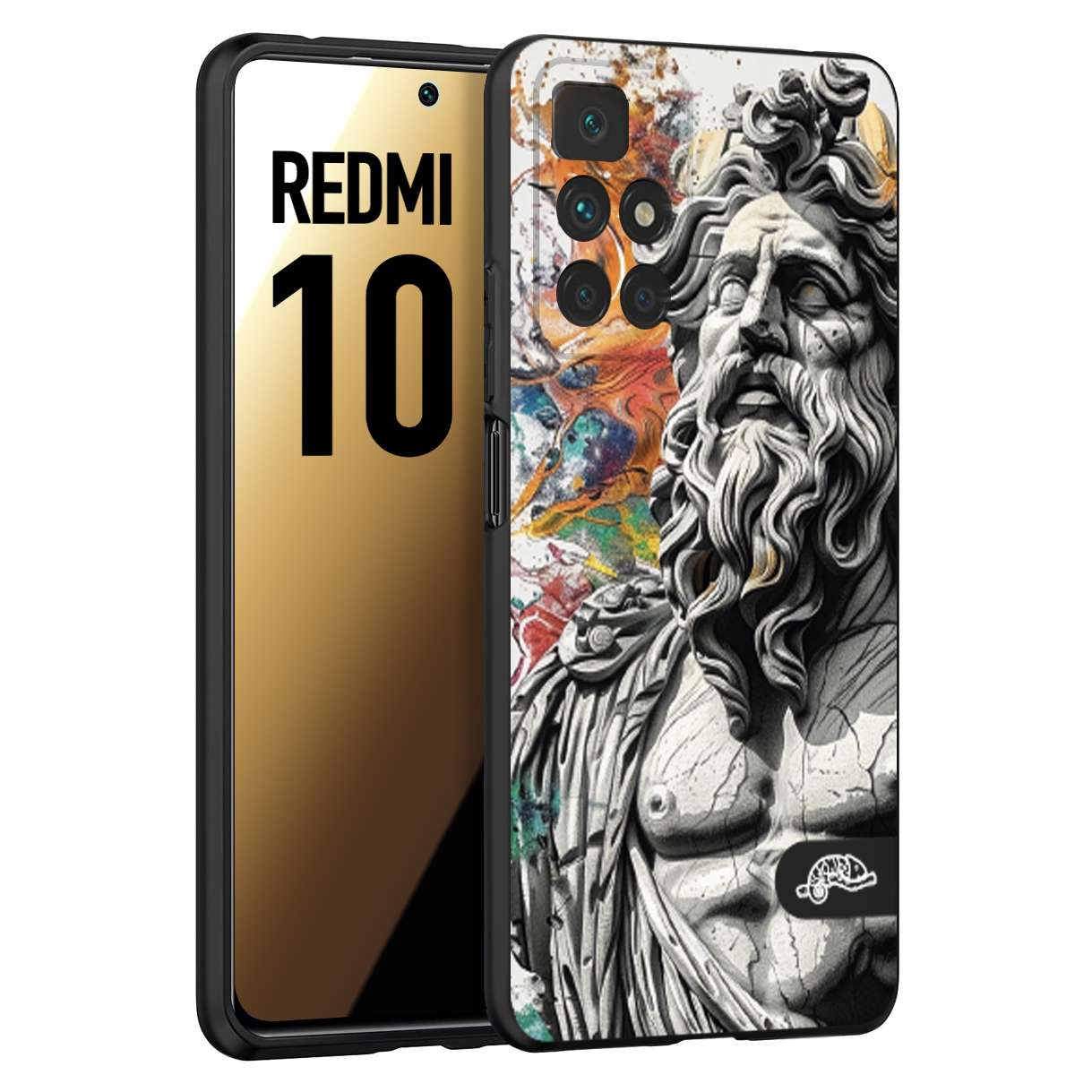 CUSTOMIZZA - Custodia cover nera morbida in tpu compatibile per Xiaomi Redmi 10 statua colorata moderna antico tattoo splash color