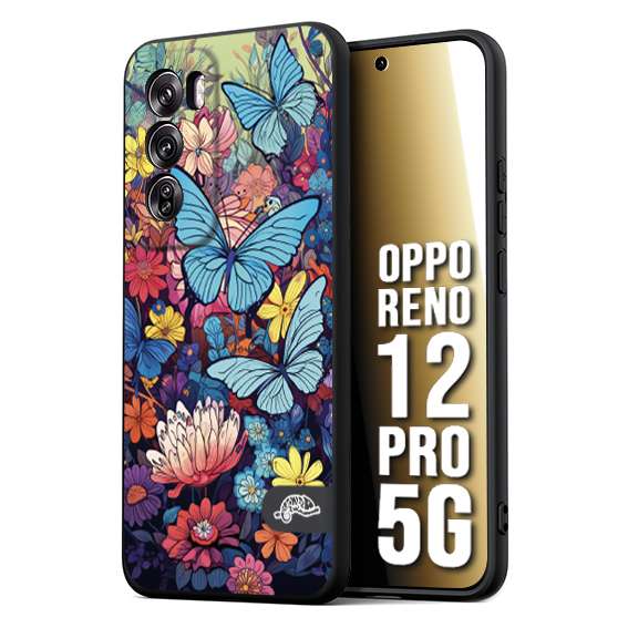 CUSTOMIZZA - Custodia cover nera morbida in tpu compatibile per Oppo Reno 12 PRO 5G farfalle butterfly moderno donna disegnate gialla blu rosa