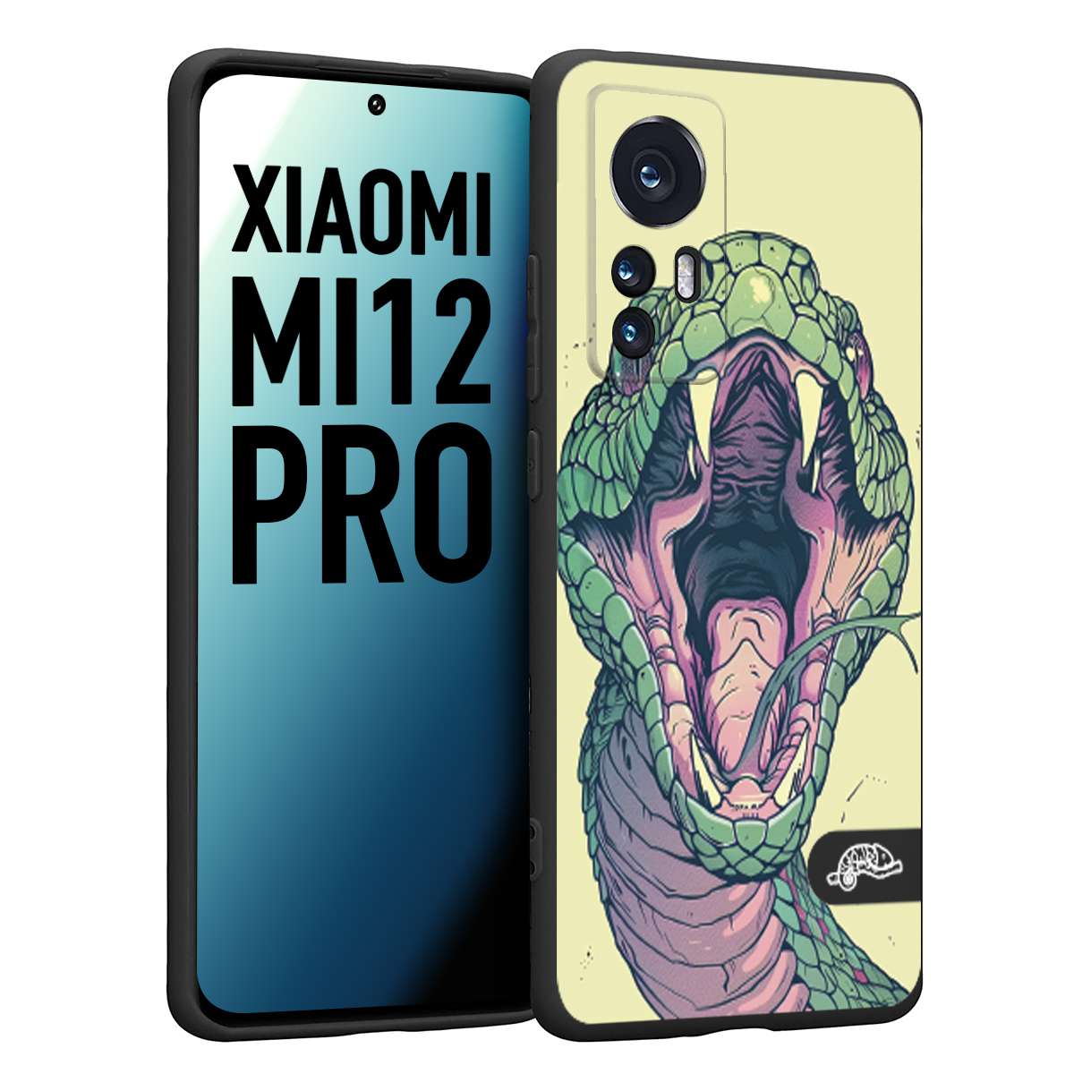 CUSTOMIZZA - Custodia cover nera morbida in tpu compatibile per Xiaomi 12 PRO snake yellow green serpente tatuaggio tattoo disegnato a mano