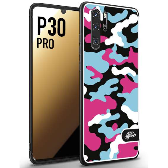 CUSTOMIZZA - Custodia cover nera morbida in tpu compatibile per Huawei P30 PRO camouflage mimetico militare fucsia celeste