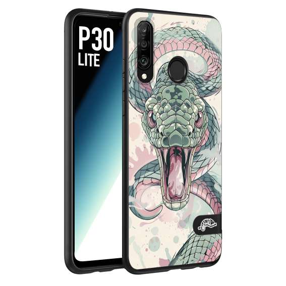 CUSTOMIZZA - Custodia cover nera morbida in tpu compatibile per Huawei P30 LITE snake pink green serpente tatuaggio tattoo disegnato a mano