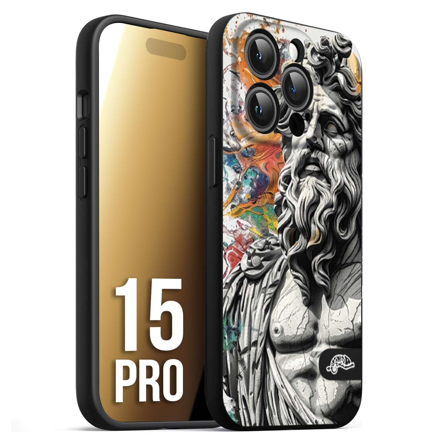 CUSTOMIZZA - Custodia cover nera morbida in tpu compatibile per iPhone 15 PRO statua colorata moderna antico tattoo splash color