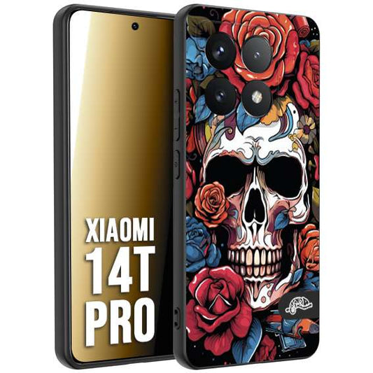 CUSTOMIZZA - Custodia cover nera morbida in tpu compatibile per Xiaomi 14T PRO teschio skull flowers fiori rose rosse tattoo disegnato