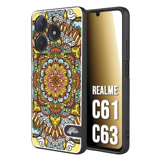 CUSTOMIZZA - Custodia cover nera morbida in tpu compatibile per Realme C61 - C63 mandala colorato fiore nuvole arancione