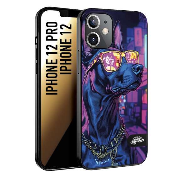 CUSTOMIZZA - Custodia cover nera morbida in tpu compatibile per iPhone 12 - 12 PRO animali cyberpunk dobermann cane street dog fucsia blu night